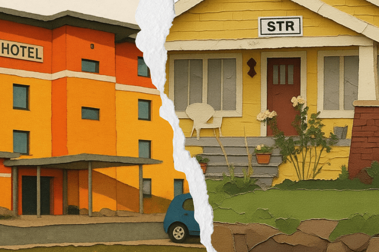 Illustration of a hotel juxtaposed with a short term rental